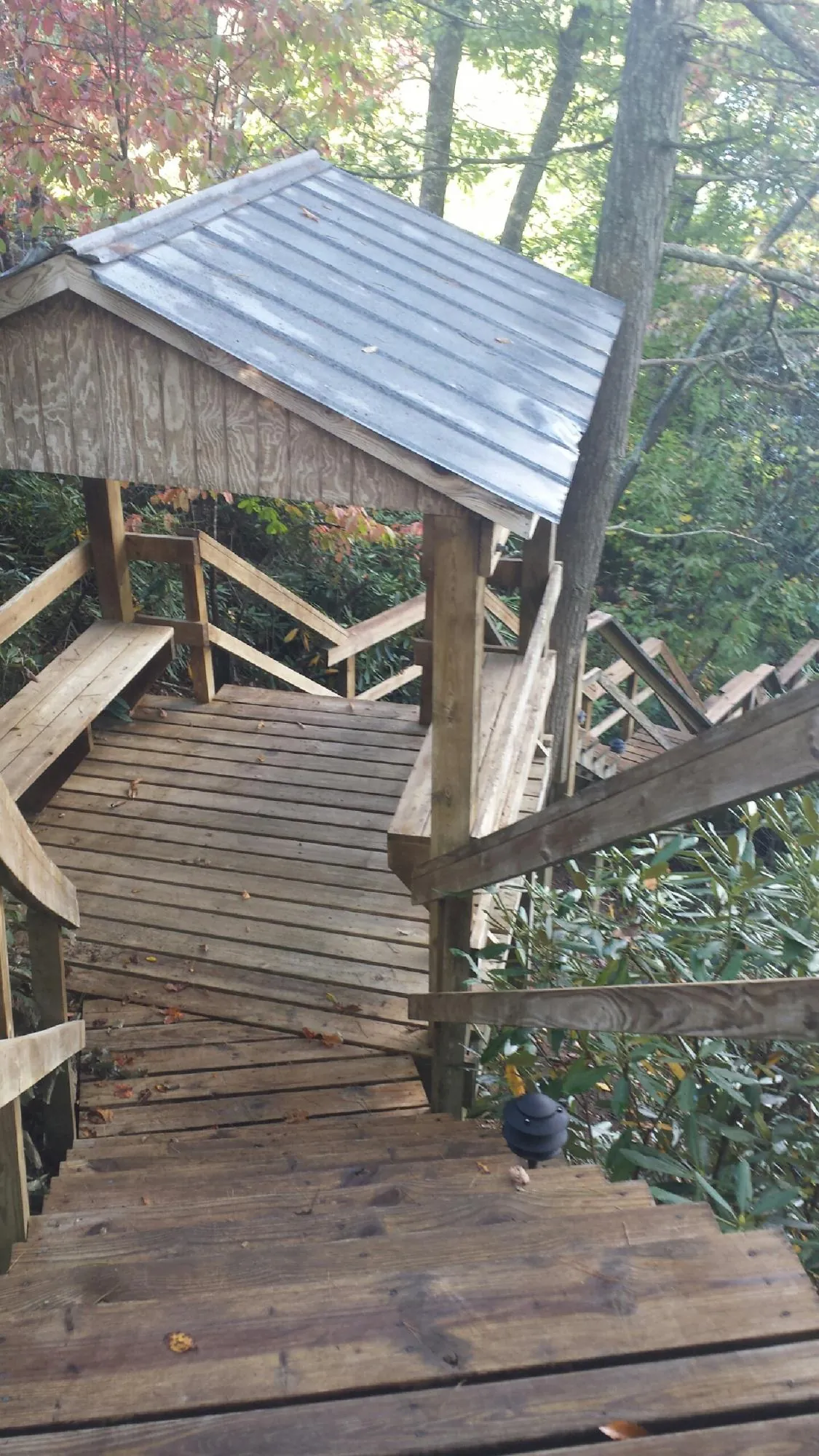 Metal roofed shelter over wooden steps on a wooded walkway — Skylight Repair & Installation work by our crew in Whitten